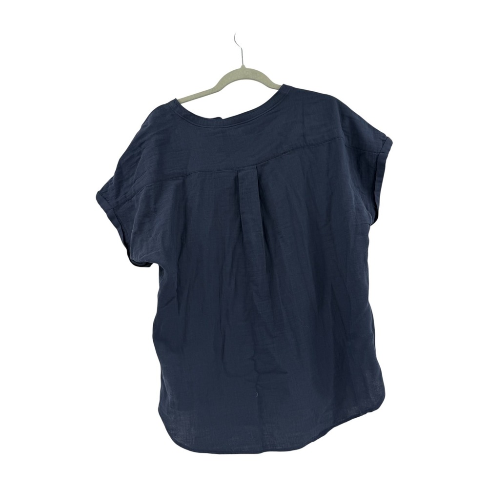 Quince Indigo Blue Organic Cotton Gauze Roll Sleeve Henley Shirt Top Large - Picture 2 of 7